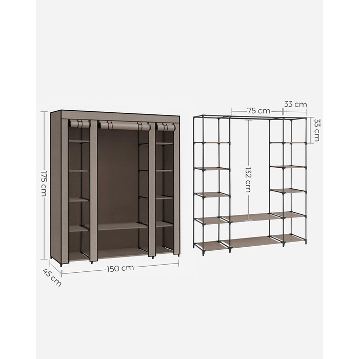 SONGMICS Wardrobe, Fabric Closet, with Clothes Rail and Shelves, Fabric Cover, for Bedroom, Dressing Room, 150 x 45 x 175 cm, LSF03H (Taupe)