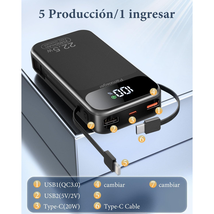 Power Bank 25800 mAh з швидкою зарядкою 22,5W PD3.0 QC4.0, LCD дисплей, USB-C, для смартфонів та планшетів