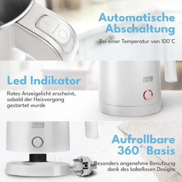 Електричний чайник для подорожей LEBENLANG з нержавіючої сталі, 500 мл, без BPA, 600W, білий, для кемпінгу та подорожей