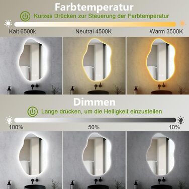 LED дзеркало для ванної кімнати 70x50 см з підсвічуванням, холодне біле світло 6000K, енергозберігаюче, диммування, проти запотівання