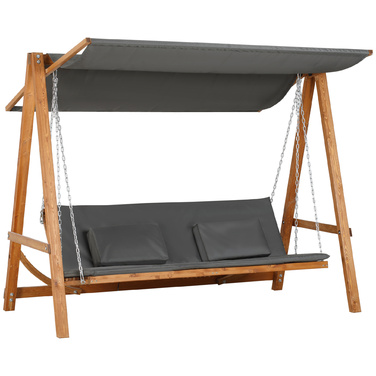 Outsunny 2-Seater Hollywood Swing with Bed Function, Garden Swing with Canopy, Wooden Garden Swing, 225.5 x 113 x 180 cm, Grey, Teak