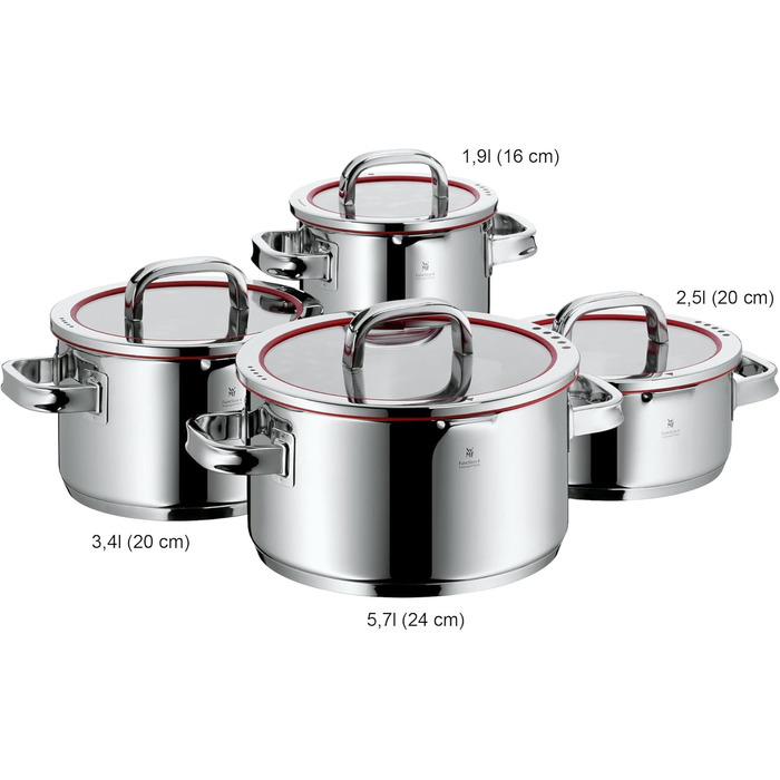 Каструля WMF Function з ручкою 16 см без кришки, 1,4 л, каструля для молока, каструля для приготування їжі, Cromargan нержавіюча сталь, 4 функції зливу, внутрішня шкала, червоний колір Function