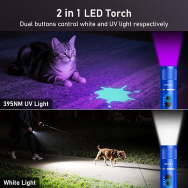 Ліхтар LED/UV перезарядна 2-в-1, Laitver 2000L, 395nm, 6 режимів, Zoom, водонепроникний, для освітлення та виявлення сечі тварин (блакитний)