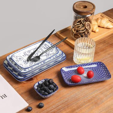 Набір тарілок Selamica, 6 шт., прямокутні, для закусок, десертів, суші, фруктів, 18 × 10.5 × 2 см (Вінтажно-блакитний)