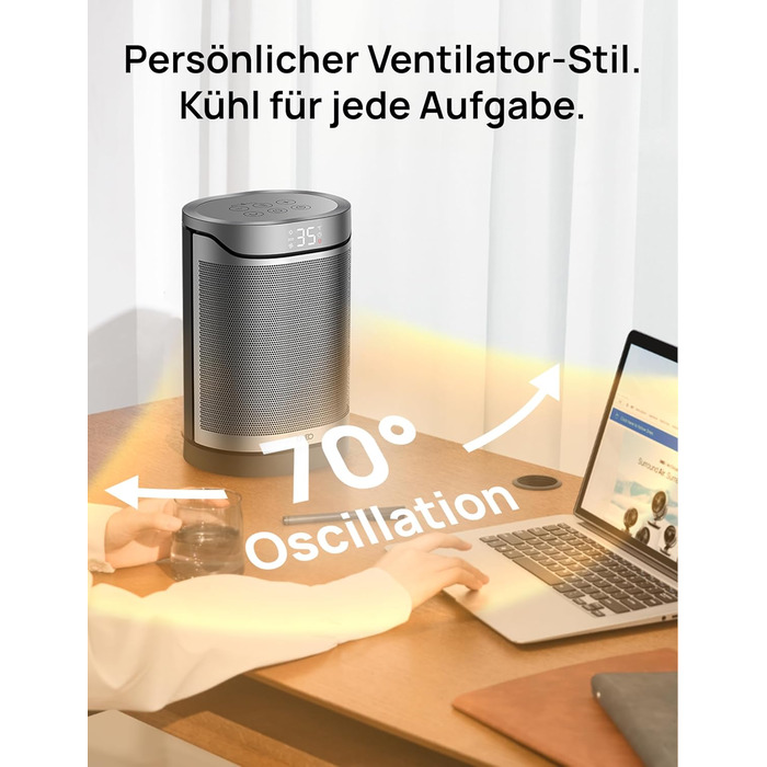 Електричний керамічний обігрівач DREO 318, 1500 Вт з термостатом, захистом від перегріву та нахилу, таймером та дитячим замком, срібний колір