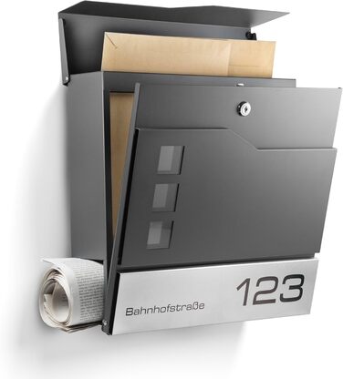 Поштовий ящик Oslo Anthrazit RAL7016 з газетницею та гравіюванням: індивідуальний дизайн, нержавіюча сталь, стійкість до УФ-випромінювання