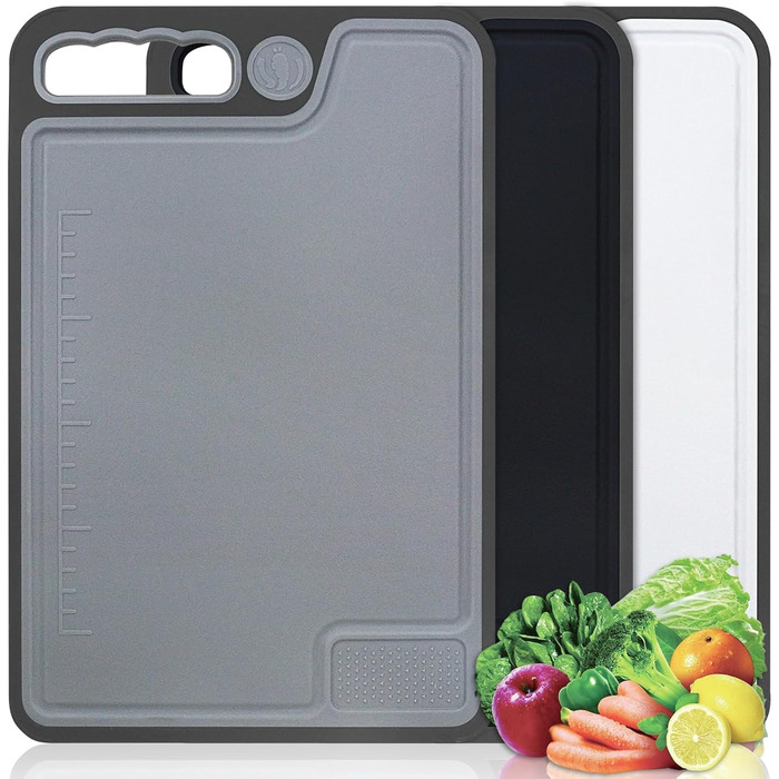 Large Plastic Cutting Board Set of 3, 35 x 23 cm - Kitchen Board Cutting Boards with Juice Grooves & Garlic Press Groove, Non-Slip Cutting Board Black, Breakfast Board for Fruit/Vegetables/Meat