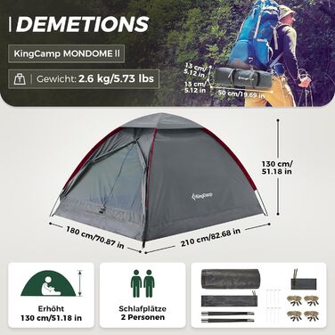 Намет KingCamp 2-3 особи, водонепроникний 3000мм, ультралегкий, сірий - для кемпінгу, туризму, саду (210x180x130 см)