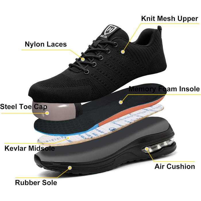 Черевики робочі чоловічі/жіночі, захисні, спортивні, з металевим підноском, неслизькі, дихаючі, 46 EU, чорні