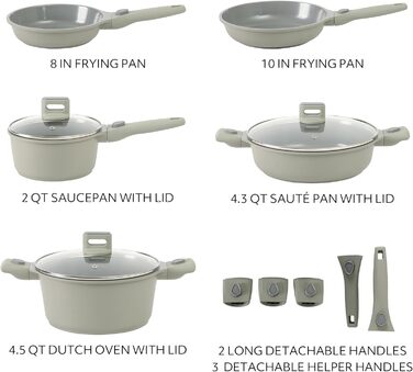 Набір кухонного посуду Sur La Table Kitchen Essentials 13 предметів, керамічне покриття, антипригарне, для індукційних плит, знімний ручка, зелений мох