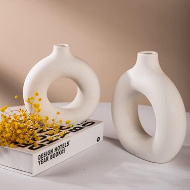Ceramic Vase Set for Pampas Grass - 2pcs (Large & Medium), Modern Matte Donut Vases for Home Decor, Flowers, Table, Shelf, Fireplace, Living Room, Bedroom, Office, Wedding, Party, Gift - White