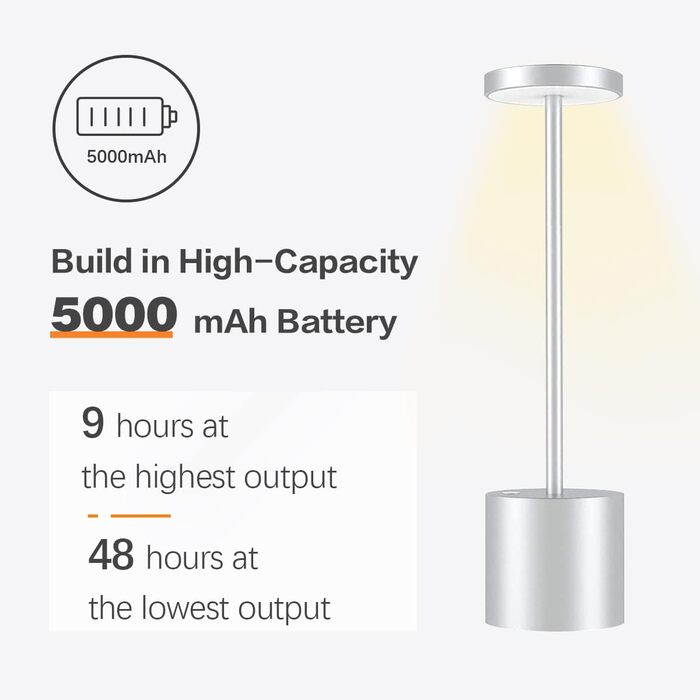LED акумуляторна настільна лампа бездротова, 5000mAh, USB-зарядка, регулювання яскравості, 3 режими кольору, для дому та відпочинку на свіжому повітрі – срібна