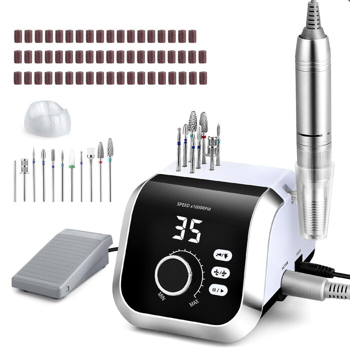 Електричний фрезер для нігтів з педаллю, 45000 об/хв, 45 режимів, LCD дисплей, F/R, для гелю та акрилу