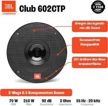Автомобільна акустика JBL Club 602CTP, 2-смугові компонентні динаміки 210 Вт, 16 см, з твітерами і кросоверами, чорний