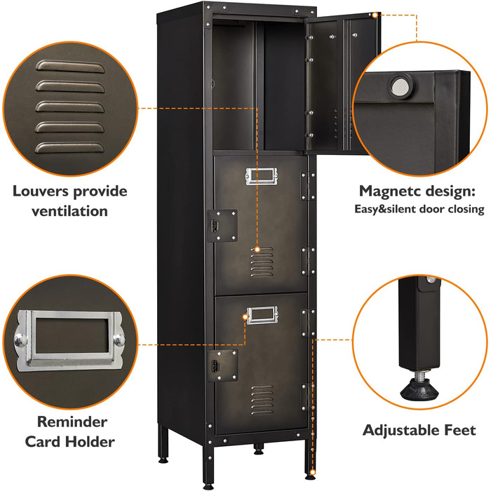 Metal locker with lockable doors, industrial steel cabinet for school, home, office, garage, H140*W38*D46 cm (3 doors)