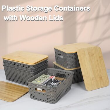 UHAPEER Storage Box with Bamboo Lid, 6 Pack Storage Basket, Plastic Basket Storage, Kitchen Organizer White, Stackable Storage Boxes, Box with Lid 25.6 x 18 x 10.7 cm (Gray)