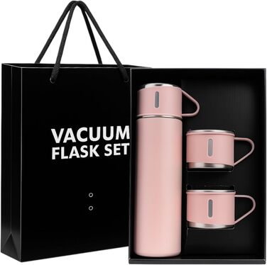 Термофляга 500 мл з нержавіючої сталі – 2 чашки з ручкою – без витоку, BPA-free – з щіткою для чищення – рожева