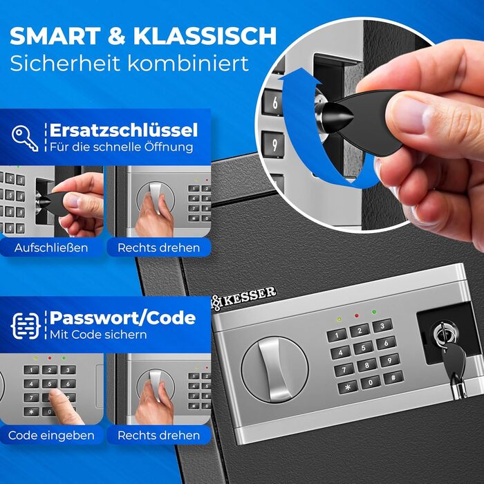 Електронний сейф KESSER® 35x25x25 см з батарейним відсіком, подвійним замком, світлодіодним освітленням, для дому та офісу, чорний