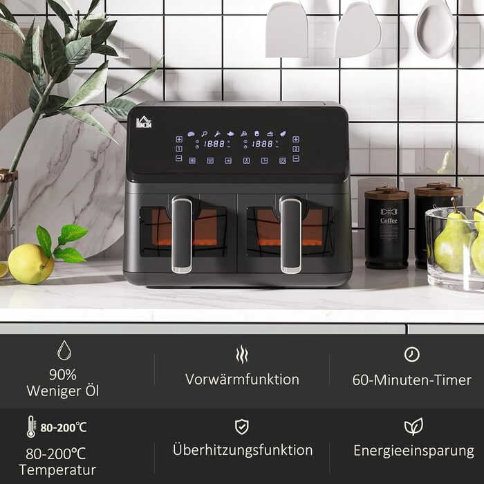 Фритюрниця HOMCOM з двома зонами, 8 л, 2500 Вт, 8 програм, антипригарне покриття, чорна