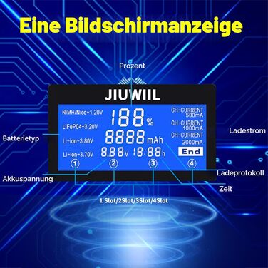 Зарядний пристрій JIUWIIL для акумуляторів 18650, 26650, Li-ion, LiFePO4 з LCD-дисплеєм - 4 слоти, швидка зарядка