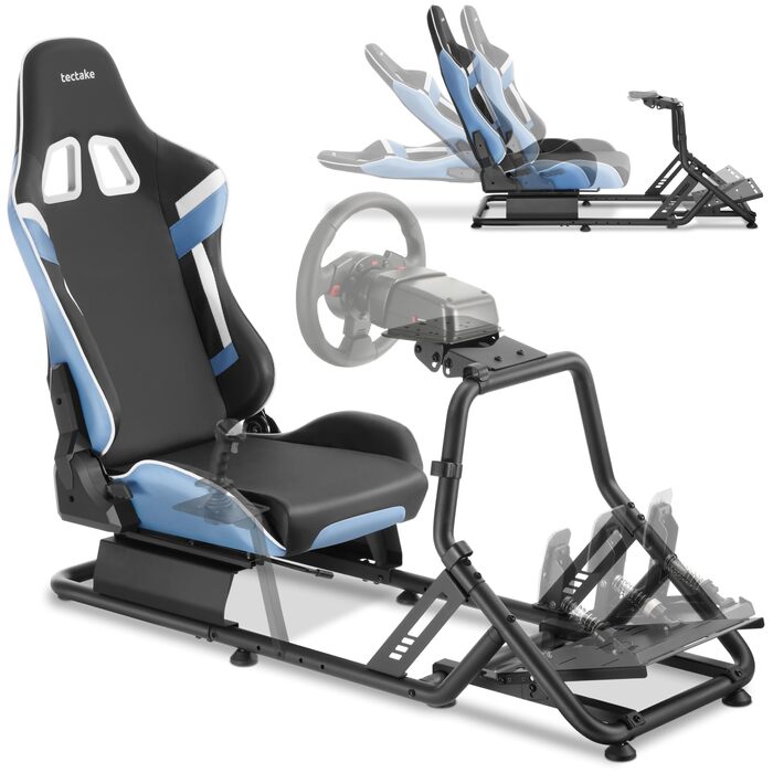 Ігровий симулятор Sim Racing Cockpit tectake® для Fanatec, Logitech, Thrustmaster, регульоване гоночне крісло GT-Style, сталевий каркас, до 120 кг (Чорний/Лазурний)