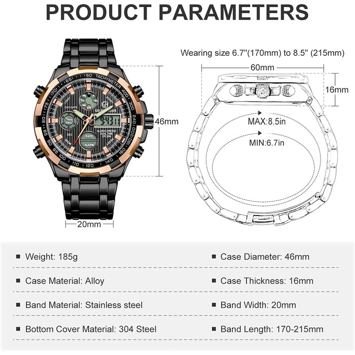 Чоловічий годинник з хронографом: сталевий, водонепроникний, з датою та будильником, аналогово-цифровий дисплей (рожеве золото, чорний)