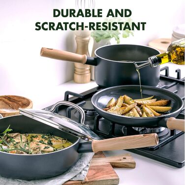 GreenPan Hudson Healthy Ceramic Non-Stick Coating, 8-Piece Cookware Set, Pots and Pans, Vintage Wood-Inspired Handle, PFAS-Free, Dishwasher Safe, Black 8 Piece Cookware Pots and Pans Set Schwarz