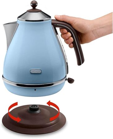 De'Longhi Icona Vintage KBOV2001.AZ Kettle - 1.7 l with water level indicator and 360° base, stainless steel with elegant retro look and chrome details, blue, 23x25x23, Azur Azur Single