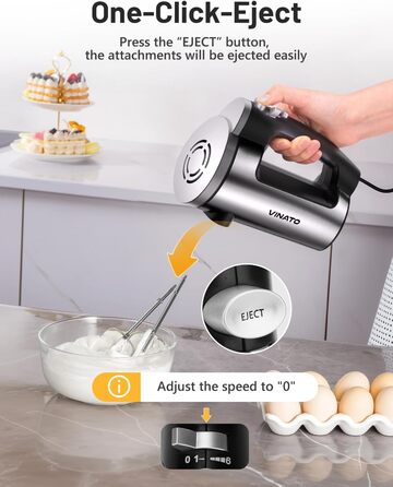 Електричний міксер VINATO 300W з 6 швидкостями, 2 насадки (венчик та гак) | Для тіста, яєць, збивання вершків, випічки | Потужний, захист від перегріву (чорний)
