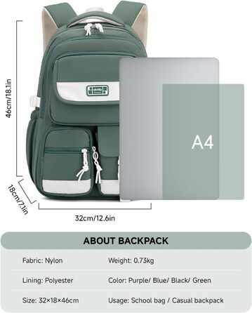 Дитячий рюкзак для підлітка, шкільний рюкзак для дівчинки з багатьма відділеннями, рюкзак для учнів 3-5 класів, середньої та старшої школи, нейлоновий рюкзак для подорожей та відпочинку (зелений)