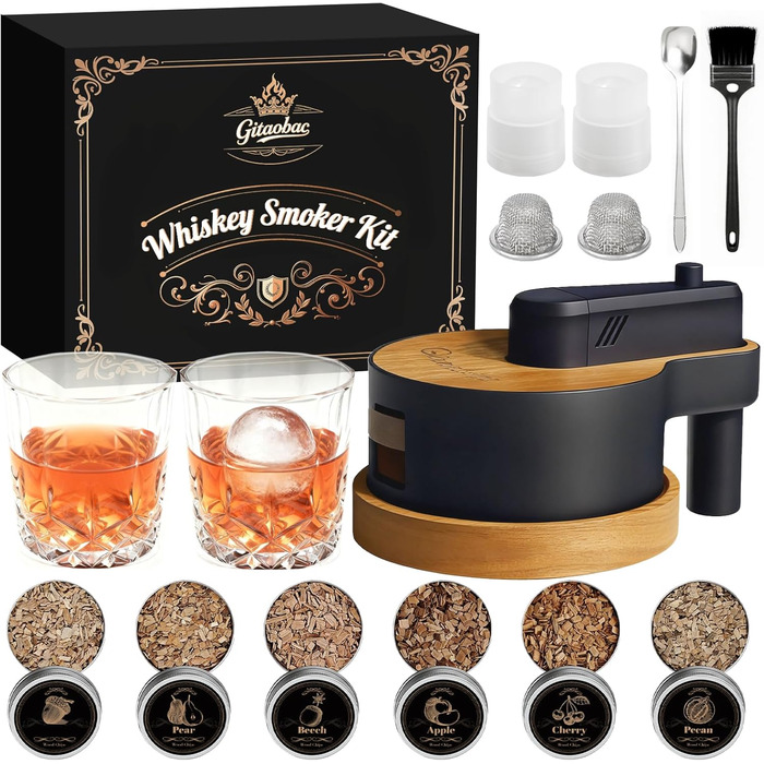 Набір для копчення віскі: 6 видів тирси, 2 склянки, 2 форми для льоду, без бутану (дерево)