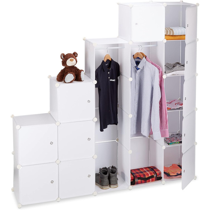 Relaxdays Clothes Rack System with 2 Clothes Rails, Wardrobe with 14 Compartments, Plastic Shelf System (White)