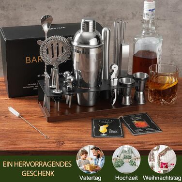 Набір бармена на 23 деталі з підставкою | Комплект шейкерів для коктейлів з усіма необхідними інструментами: шейкер Мартіні, сито, ложка, мадлер, для дому, бару, вечірки (шоколадний)