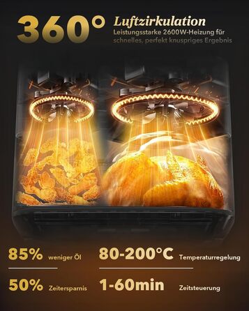 Фритюрниця повітряна WELLENT 2 камери, 2600W, 11л (4+7л) з сенсорним екраном, 10 функцій, для дому