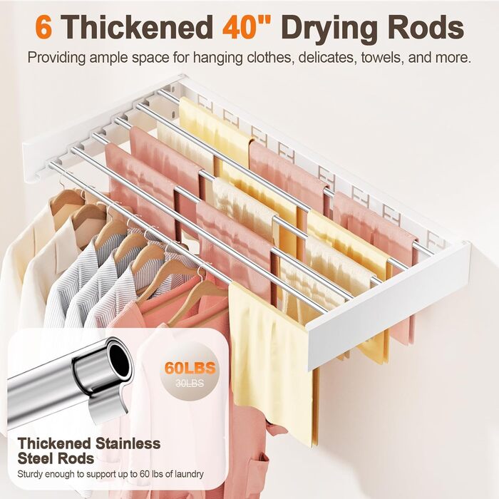 Настінна розкладна сушарка для білизни, компактна сушарка для рушників, висувна (6 трубок, білий, 100 см)