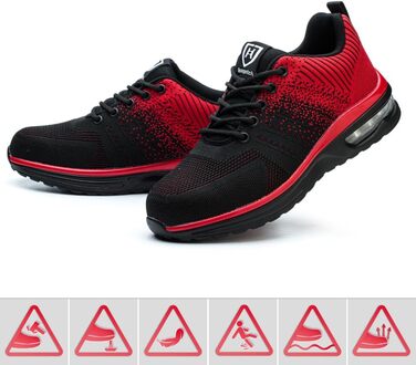 Легкі робочі черевики для чоловіків та жінок. Безпечні, антиковзкі, спортивного стилю, зі сталевим підноском. Дихаючі робочі черевики (40 EU, Червоний)