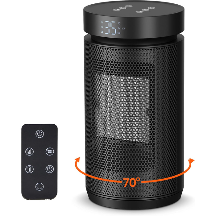 Електричний обігрівач 1500W з термостатом, PTC-кераміка, захист від перегріву та перекидання, 3 режими, таймер 12h, осциляція 70°, для дому, кемпінгу, офісу