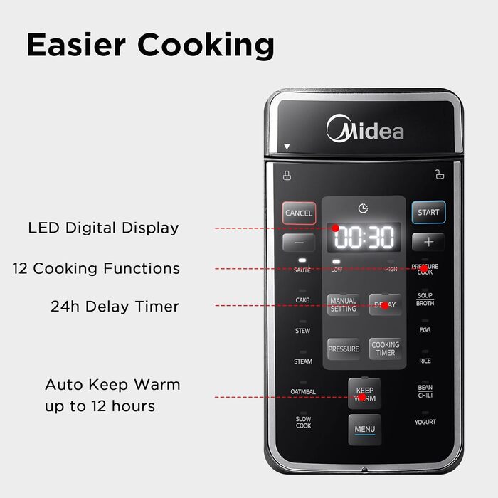 Мультиварка Midea 9-в-1: 12 функцій приготування, швидка та зручна (7.6 л, чорний)