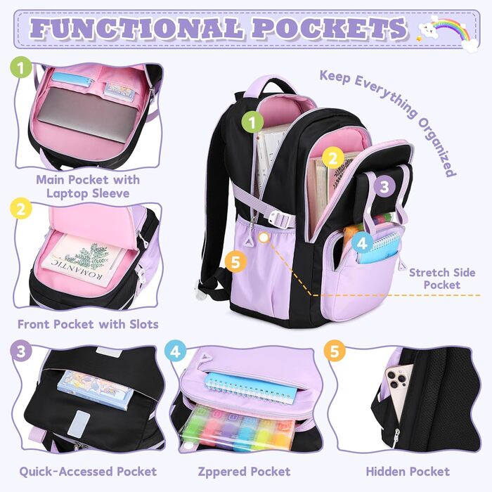 Дитячий рюкзак для школи для дівчаток: Kawaii рюкзак з великою місткістю (3-частинний набір, чорний та фіолетовий)