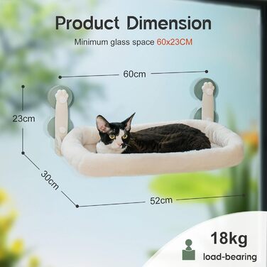EWOOFUN Cat Hammock Window Perch 54x30cm Cat Bed Window Hanging Perch - Cat Window Lounger with Upgraded Strong Suction Cups up to 18kg (Beige, M-with Bed)