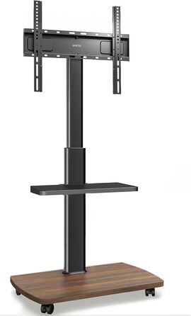 AOKCOS Rolling TV Stand with Wood Shelf - Adjustable Height & Swivel - VESA 400x400 - Holds 32-65 Inch TVs up to 40kg