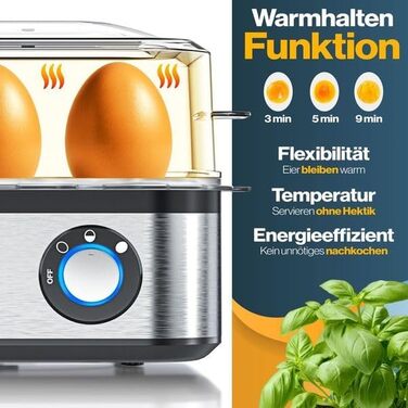 Електричний яйцеварка KESSER® на 1-8 яєць з нержавіючої сталі, 500W, функція підігріву, LED-регулятор, 3 ступені нагріву, BPA-Free, придатний для миття в посудомийній машині, мірна склянка, утримувачі для яєць та форма для омлету, срібно-чорний/срібний