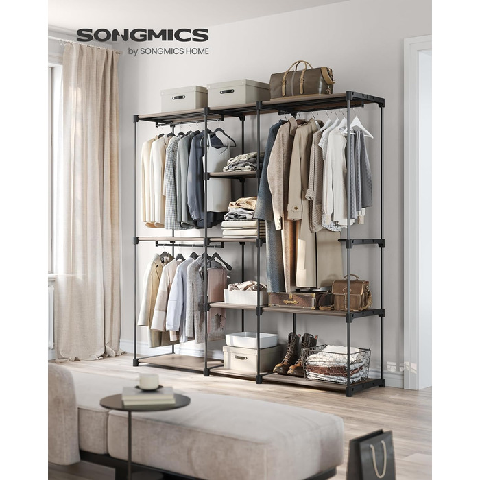 SONGMICS Шафа для одягу, вішалка для одягу, окрема гардеробна, з вішалкою для одягу, вішалка для одягу, полиці з тканини, металевий каркас, 182 x 43 x 182 см, RYG037B02 (Taupe)