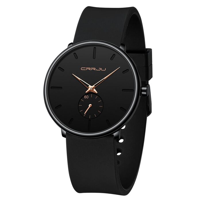 Годинник чоловічий CRRJU з силіконовим ремінцем, ультратонкий, водостійкий, мінімалістичний, спортивний, кварцовий (чорний рожевий, чорний)