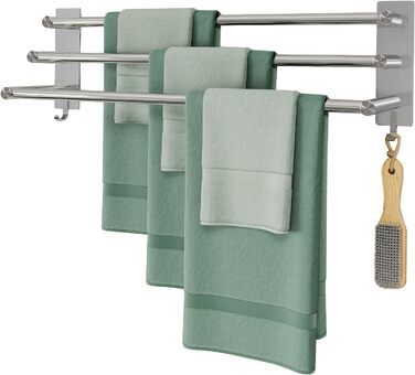 Тримач для рушників на стіну без свердління, SUS304 нержавіюча сталь, 3 стійки, 2 гачки, 60 см, сріблястий