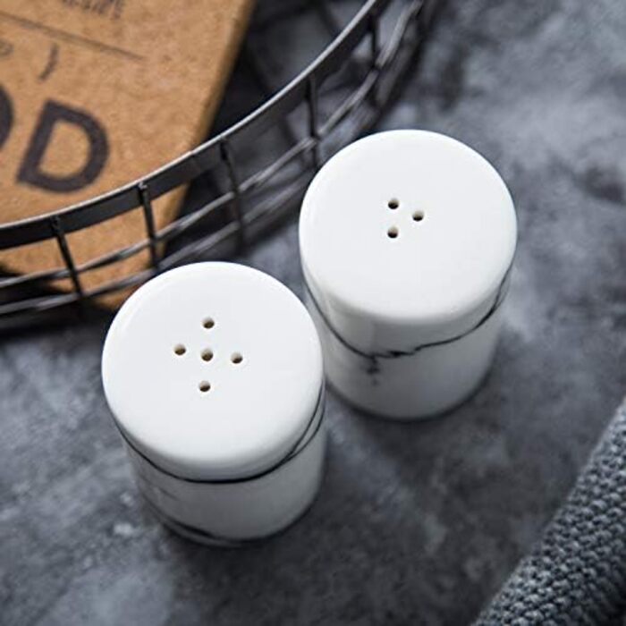 Sizikato 2 Pieces Marble Stripes Ceramic Salt and Pepper Shakers Marble Style Furniture Kitchen and Table Decoration