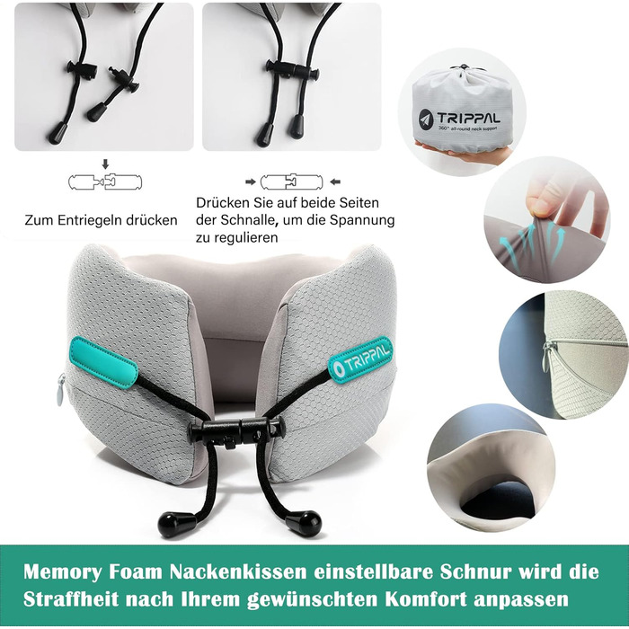 Подушка для шиї з піни Memory Foam для подорожей, сіра (розмір L) - комфортна підтримка для літака, автомобіля, офісу