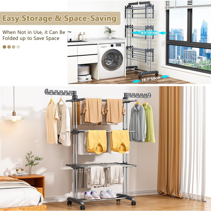 Сушарка для білизни 4-ярусна великої місткості з роликами, стабільна з нержавіючої сталі, для дому/на вулицю, сірого та чорного кольорів