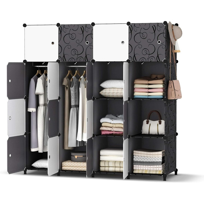 HOMIDEC Wardrobe, Portable Shelving System, 20 Cube Closet made of Plastic with 2 Clothes Rails, Bedroom Wardrobe Closet White for Bedroom, 180 x 142 x 45cm (16 cube, White & Black)