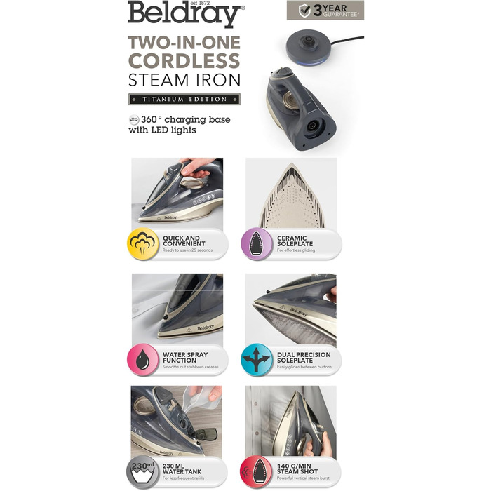 Праска Beldray 2600 Вт з керамічною підошвою з антипригарним покриттям, регулюванням температури та подачі пари, функцією самоочищення, резервуаром 280 мл, парою до 140 г/хв, висока потужність (UK-штекер, титан)